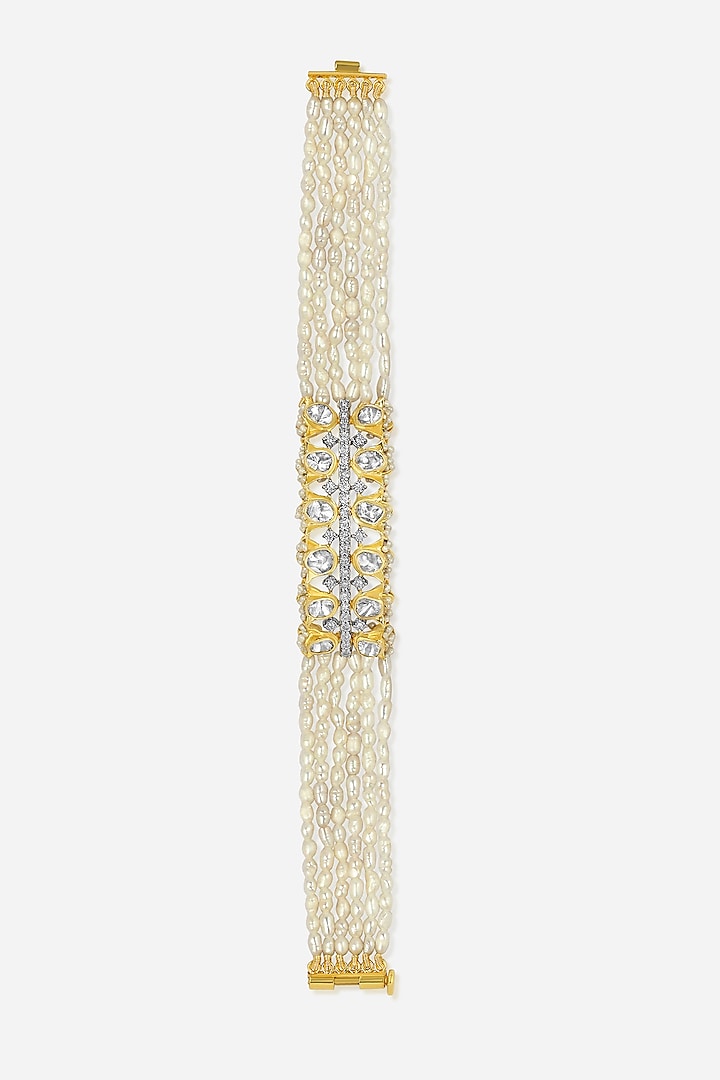 14kt Yellow Gold Finish Diamond & White Beaded Bracelet by Nornament at Pernia's Pop Up Shop