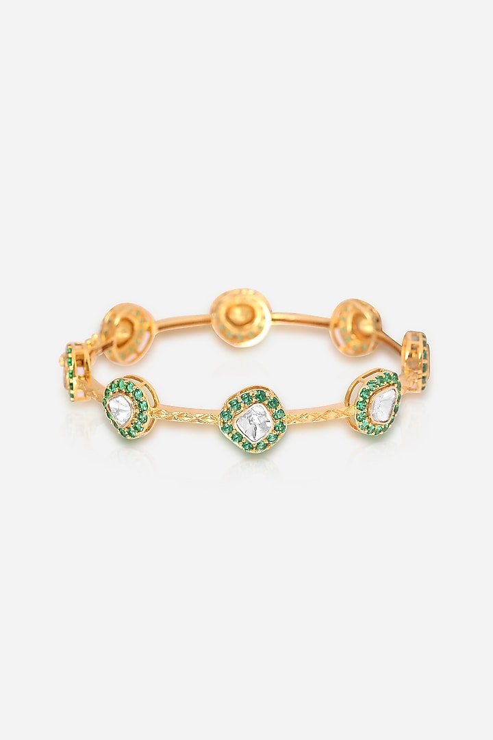 14kt Yellow Gold Finish Kundan Polki & Green Garnet Stone Kada by Nornament at Pernia's Pop Up Shop