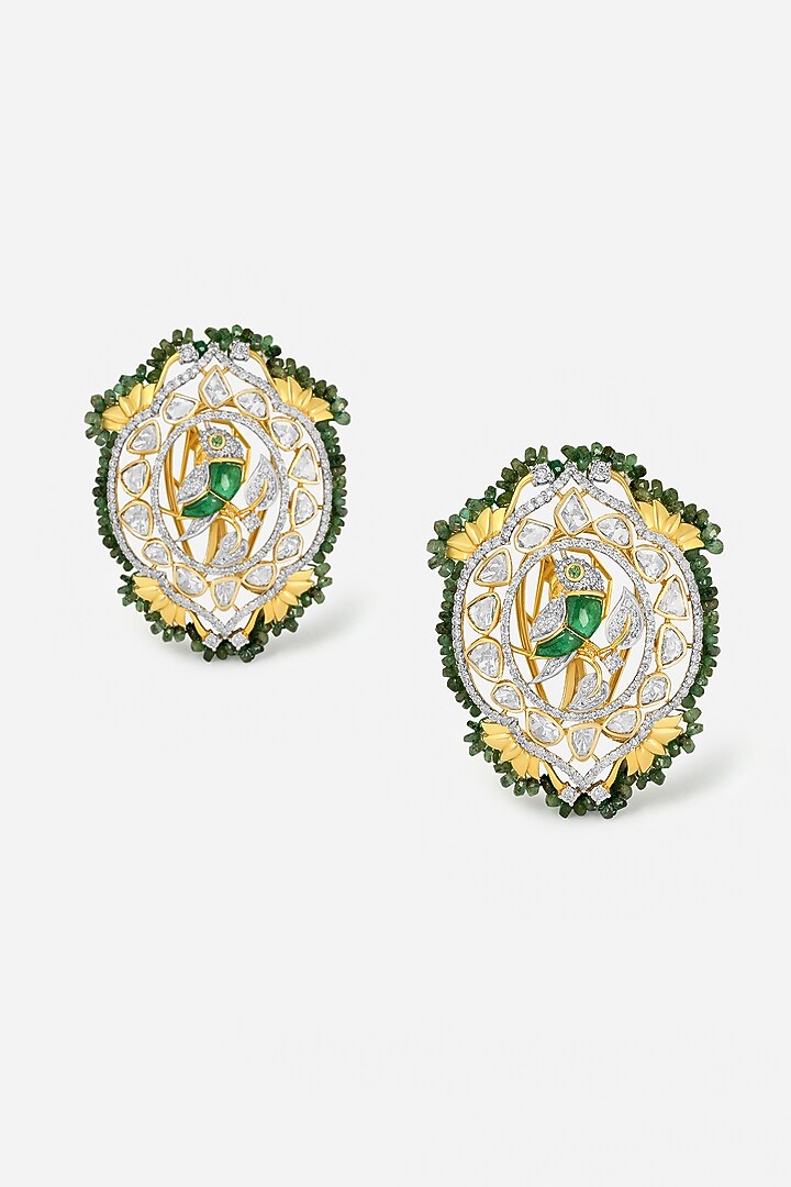 14kt Yellow Gold Finish Polki Diamond & Green Beaded Earrings by Nornament at Pernia's Pop Up Shop