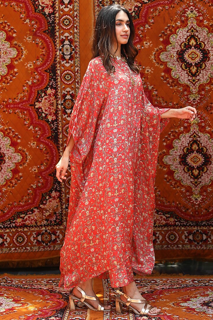 Red Satin Georgette Blend Kaftan Set by NORN INDIA at Pernia's Pop Up Shop