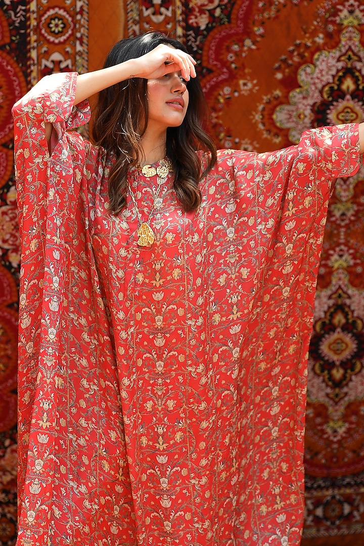 Red Satin Georgette Blend Kaftan Set by NORN INDIA at Pernia's Pop Up Shop