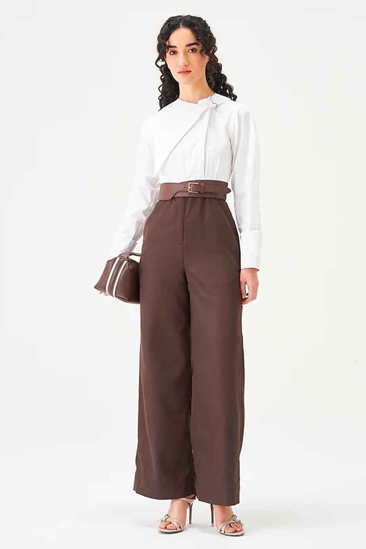 White & Brown Polyester Jumpsuit by Notebook at Pernia's Pop Up Shop