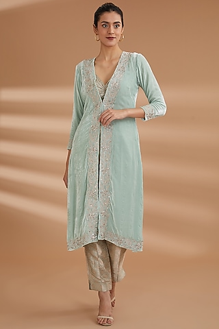 Green Velvet Hand Embroidered Jacket Set by NOW WITH PRACHI