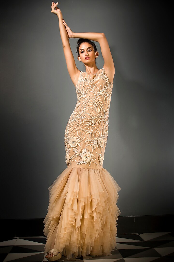 Beige Embroidered Mermaid Gown by Nirmooha