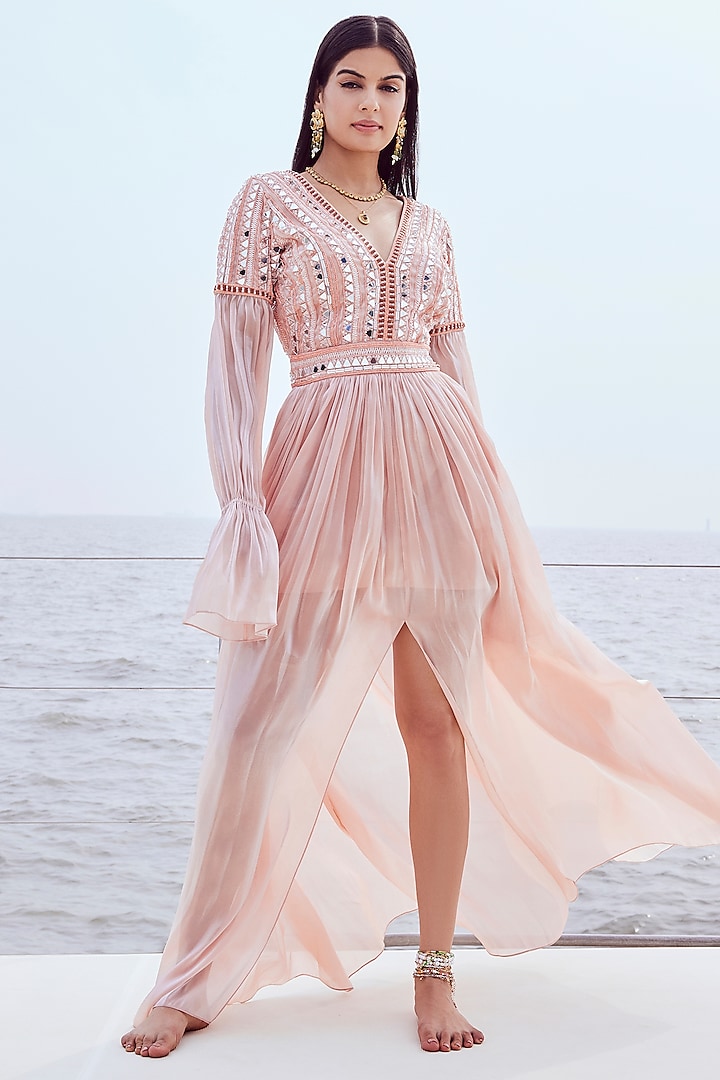 Peach Glass Organza Hand Embroidered Gown by Nirmooha