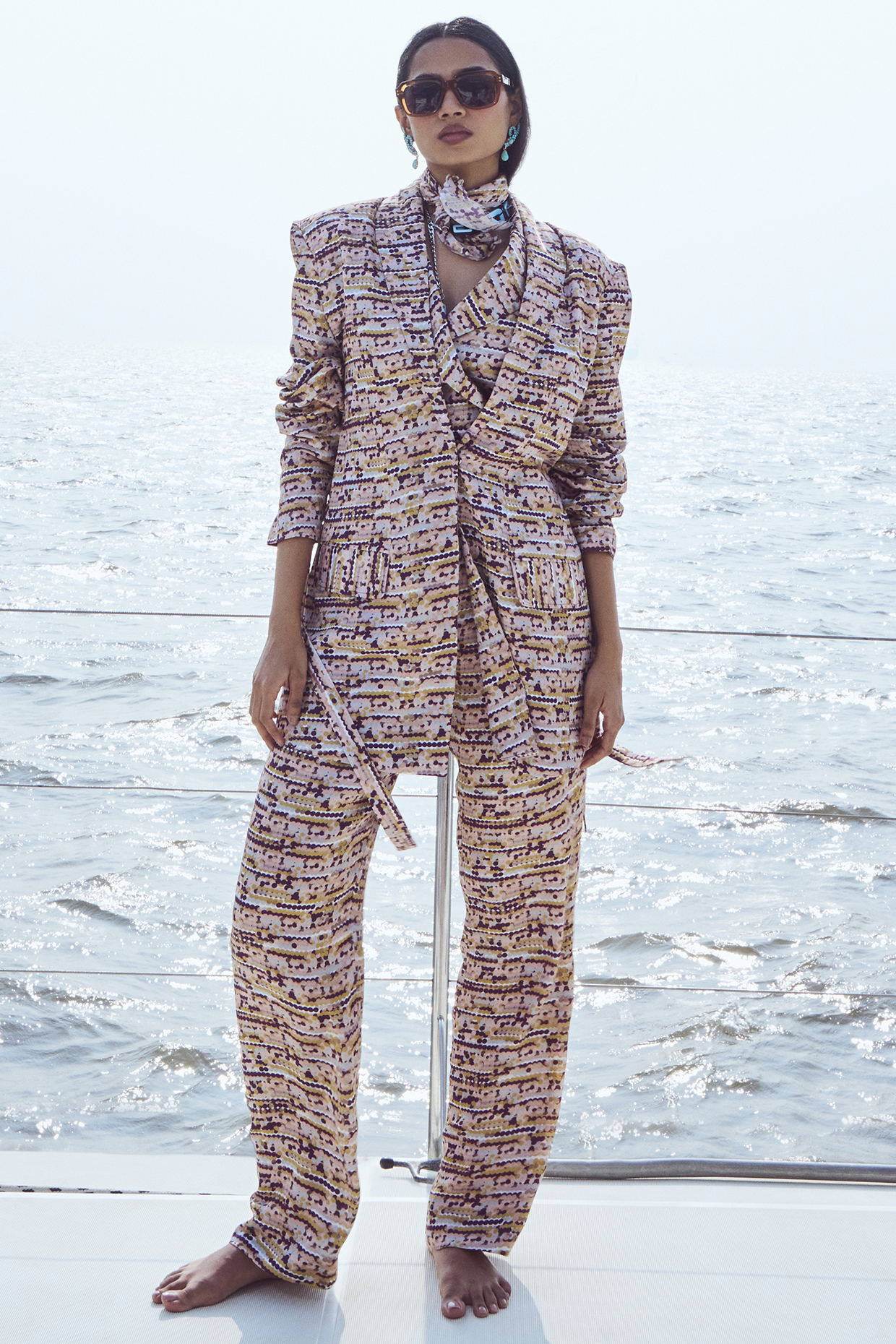 Peach Modal Satin Sequins Printed Blazer Set
 by Nirmooha at Pernia's Pop Up Shop