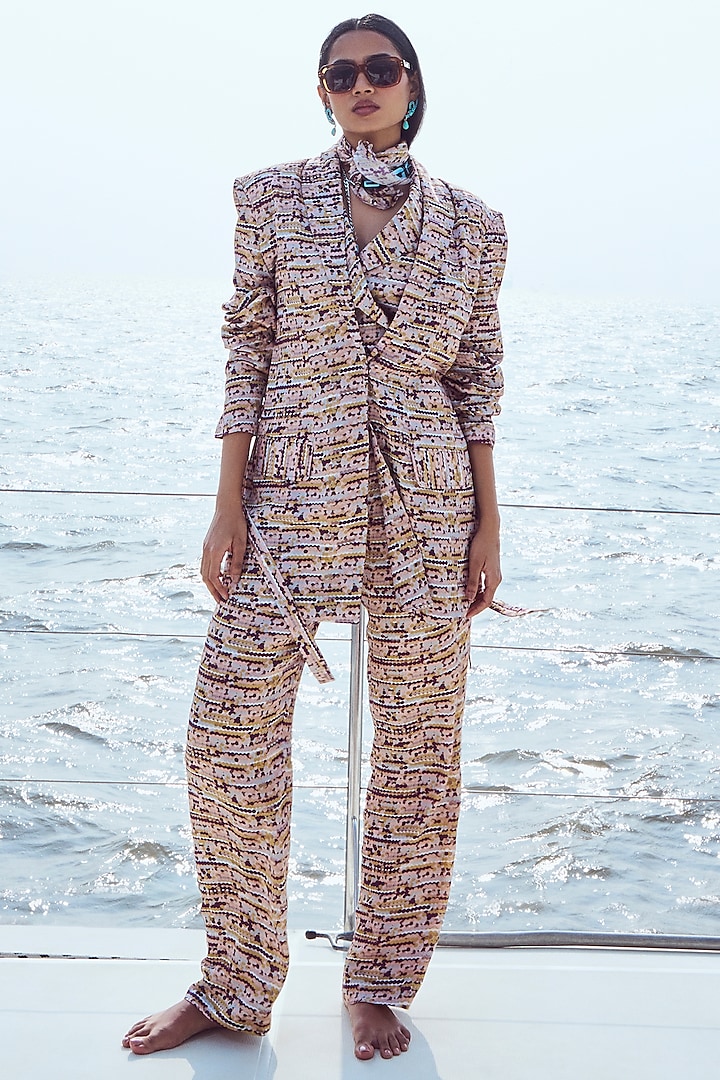 Peach Modal Satin Sequins Printed Blazer Set
 by Nirmooha at Pernia's Pop Up Shop