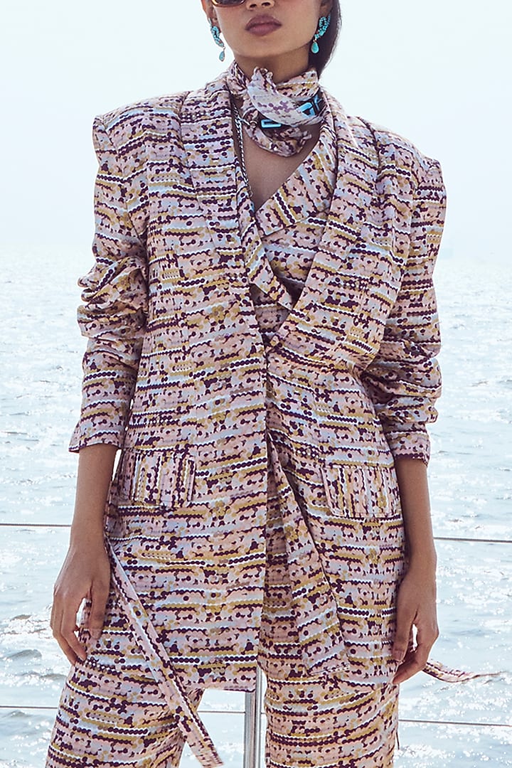 Peach Modal Satin Sequins Printed Blazer Set
by Nirmooha at Pernia's Pop Up Shop
