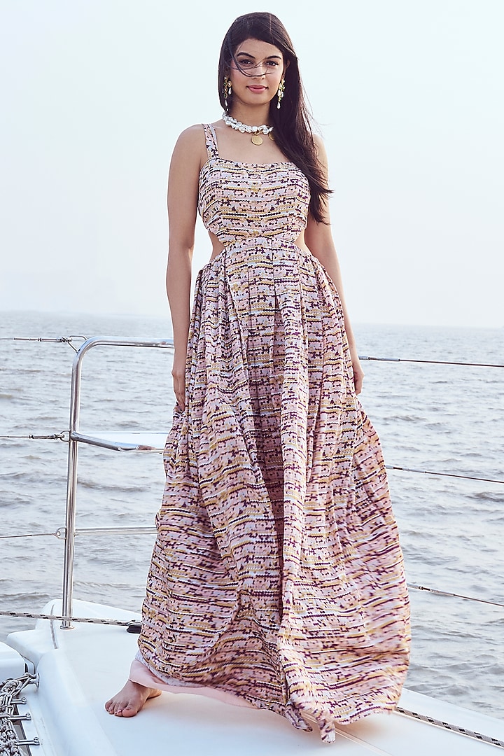 Peach Modal Satin Sequins Printed Pleated Maxi Dress by Nirmooha