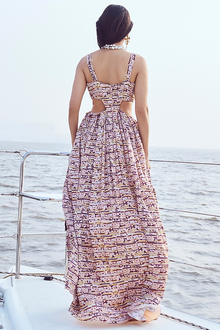 Peach Modal Satin Sequins Printed Pleated Maxi Vacation Dress by Nirmooha at Pernia's Pop Up Shop