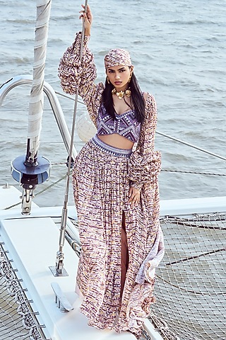 Peach Modal Satin & Chiffon Lurex Printed Skirt Set by Nirmooha
