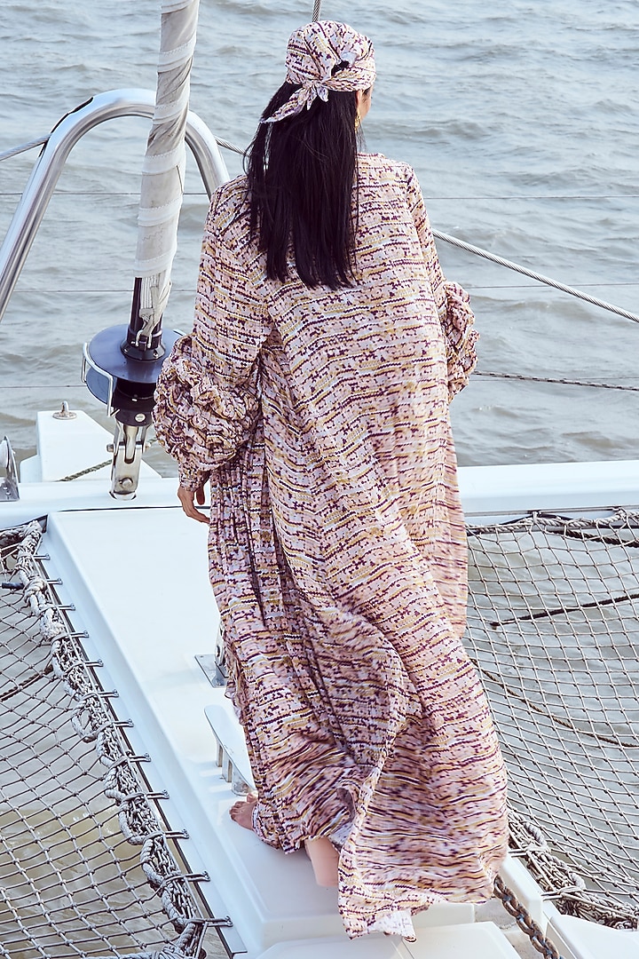 Peach Modal Satin & Chiffon Lurex Printed Skirt Set by Nirmooha at Pernia's Pop Up Shop