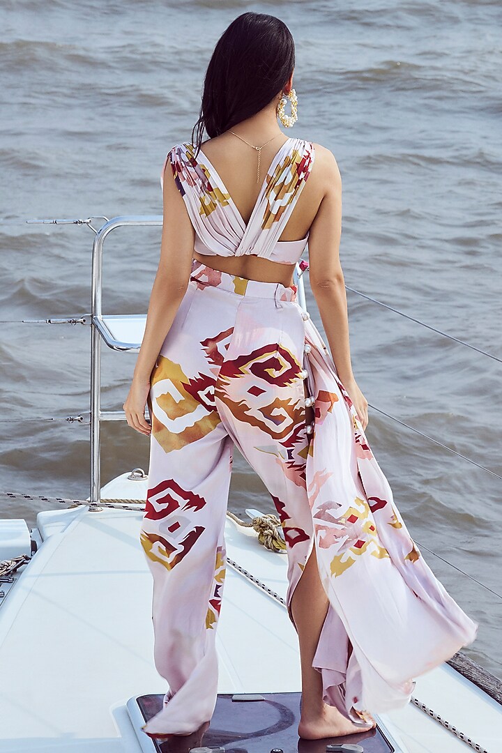 Peach Modal Satin Patola Printed High-Waist Pant Set by Nirmooha at Pernia's Pop Up Shop