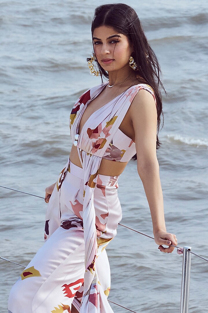 Peach Modal Satin Patola Printed High-Waist Pant Set by Nirmooha at Pernia's Pop Up Shop