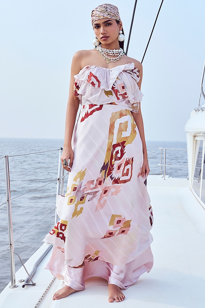 Peach Lurex Chiffon Patola Printed Off-Shoulder Maxi Dress by Nirmooha