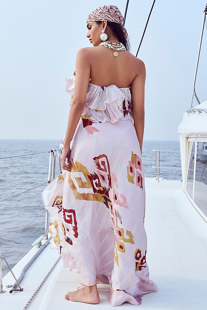 Peach Lurex Chiffon Patola Printed Off-Shoulder Maxi Vacation Dress by Nirmooha at Pernia's Pop Up Shop