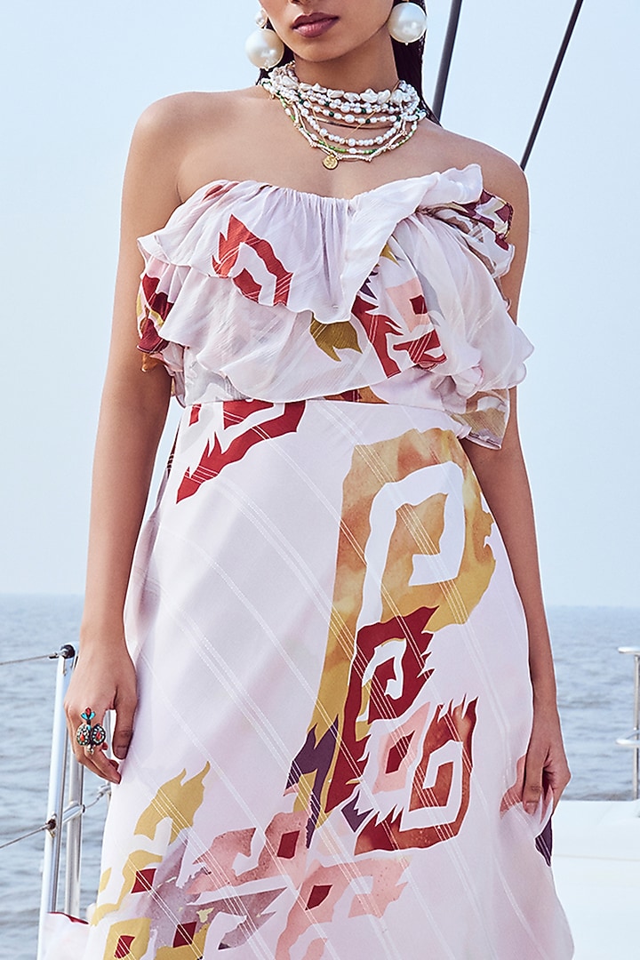 Peach Lurex Chiffon Patola Printed Off-Shoulder Maxi Vacation Dress by Nirmooha at Pernia's Pop Up Shop