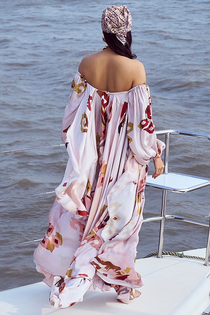 Peach Modal Satin Patola Printed Flared Pant Set by Nirmooha at Pernia's Pop Up Shop