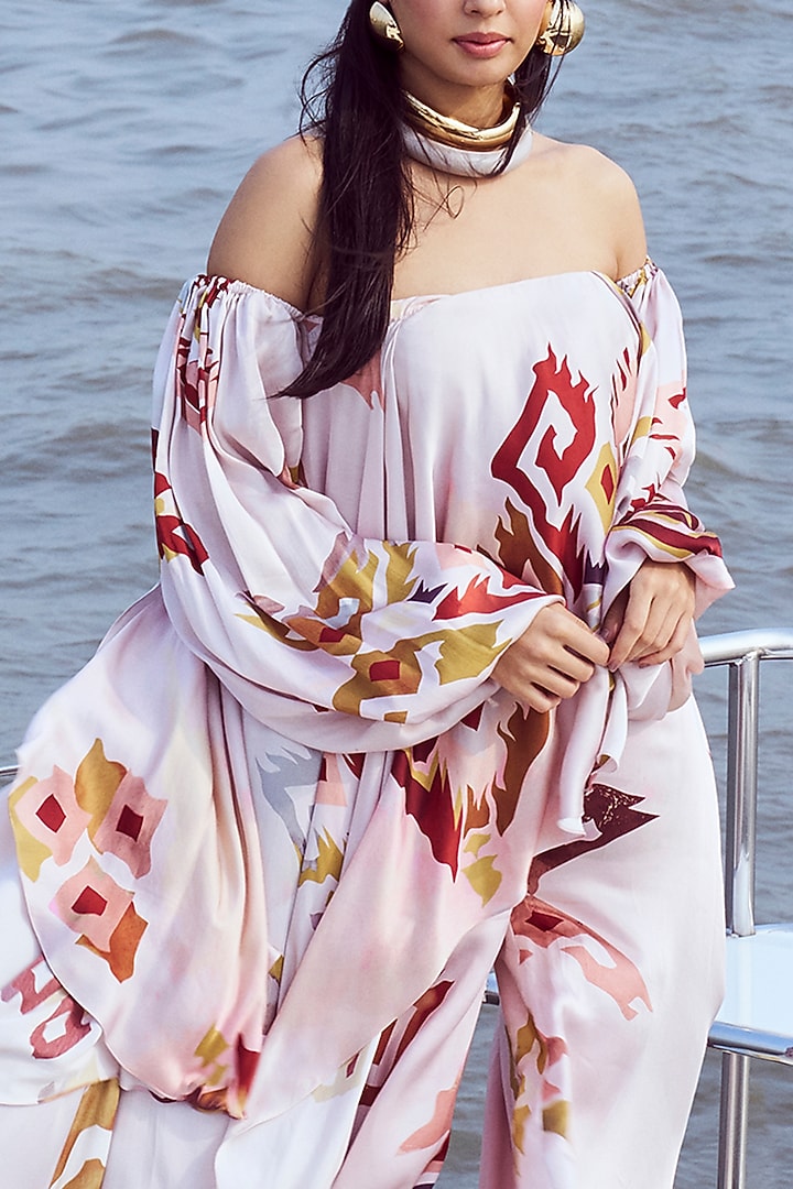 Peach Modal Satin Patola Printed Flared Pant Set by Nirmooha at Pernia's Pop Up Shop