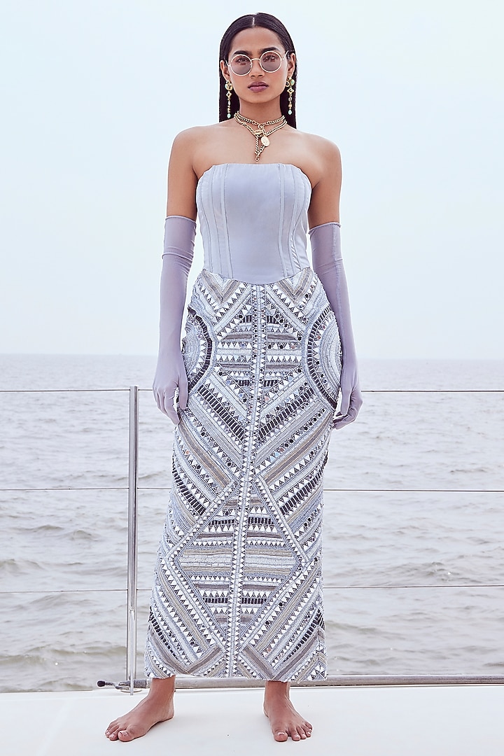Grey Glass Organza Hand Embroidered Corset Bodycon Gown by Nirmooha