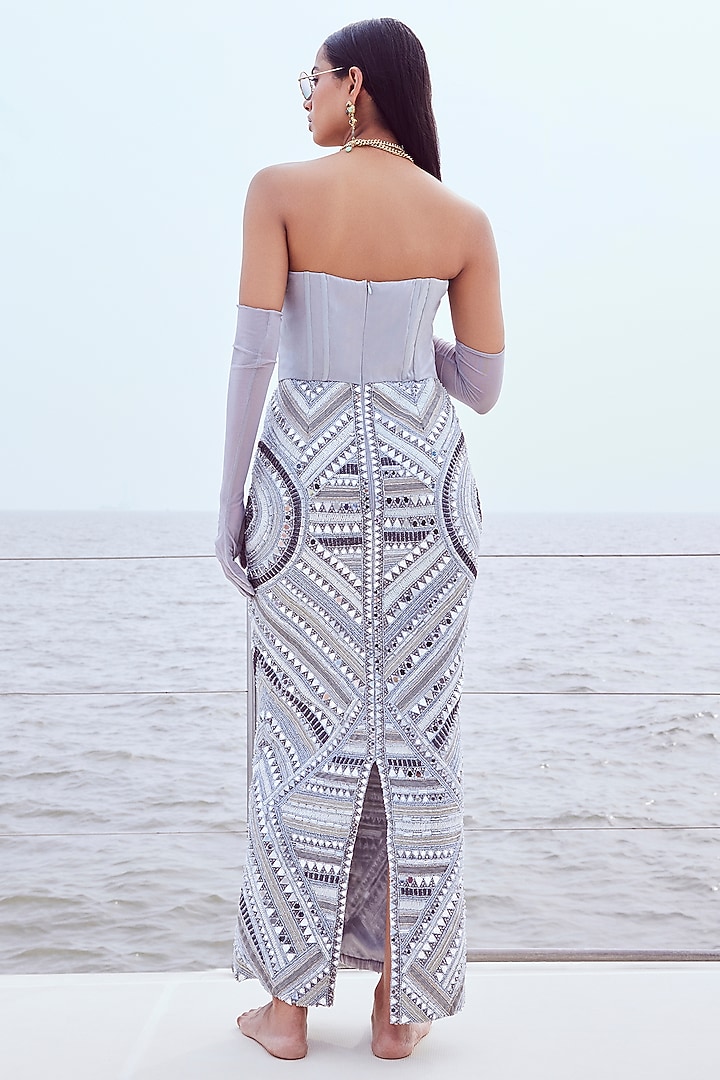 Grey Glass Organza Hand Embroidered Corset Bodycon Wedding Gown by Nirmooha at Pernia's Pop Up Shop