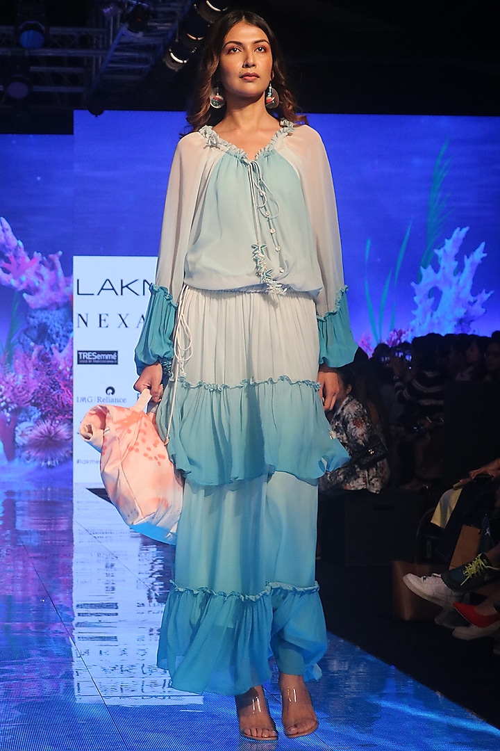 Sea Blue & White Ombre Gown by Nirmooha