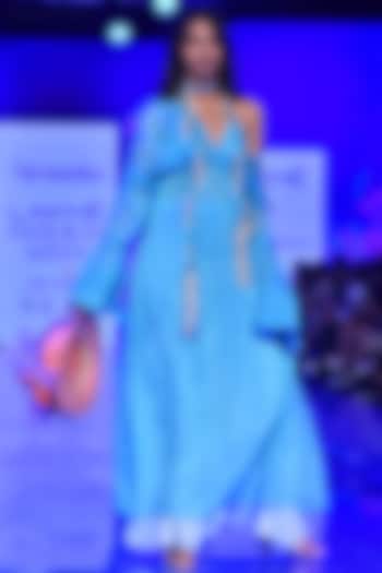 Sea Blue Gown With Trumpet Sleeves by Nirmooha