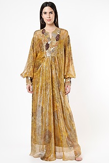 Yellow Printed Kaftan With Slip by Nirmooha-NIRMOOHA