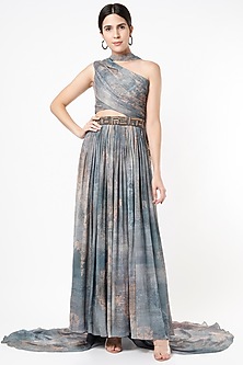 Grey Chiffon Printed Gown With Belt by Nirmooha-NIRMOOHA