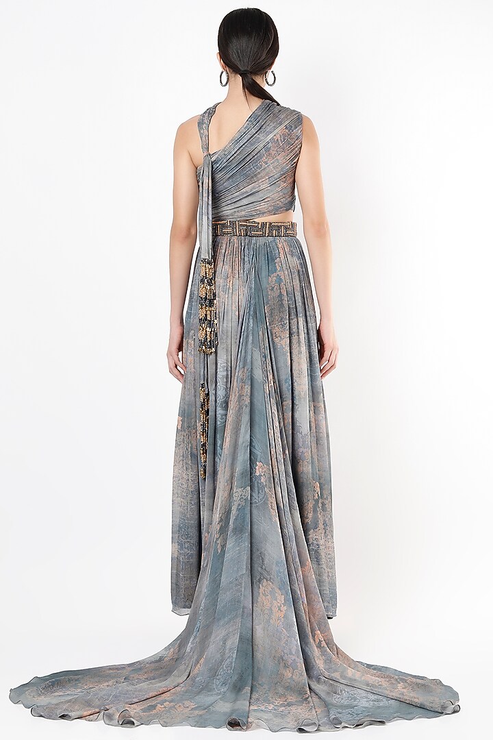 Grey Chiffon Printed Gown With Belt by Nirmooha at Pernia's Pop Up Shop