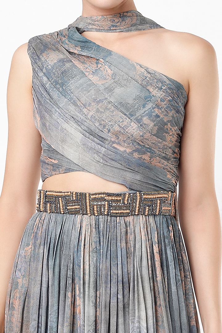 Grey Chiffon Printed Gown With Belt by Nirmooha at Pernia's Pop Up Shop