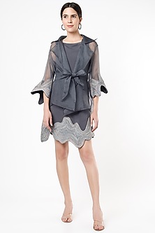 Grey Micro & Chiffon Printed Mini Dress by Nirmooha-NIRMOOHA