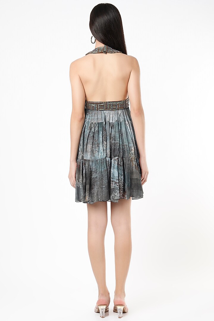Grey Chiffon Printed & Hand Embroidered Tiered Mini Vacation Dress by Nirmooha at Pernia's Pop Up Shop
