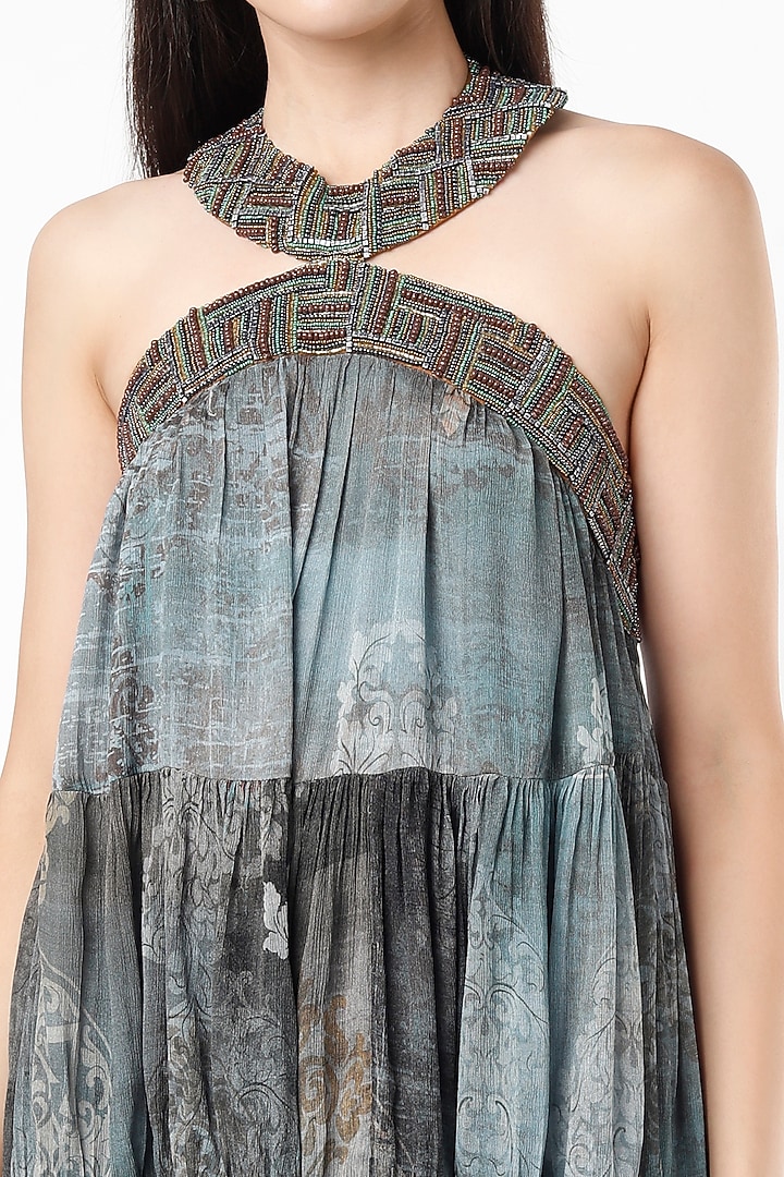 Grey Chiffon Printed & Hand Embroidered Tiered Mini Vacation Dress by Nirmooha at Pernia's Pop Up Shop