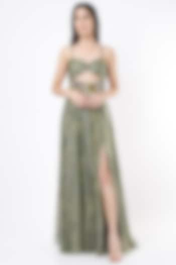 Green Printed Ruched Dress With Belt by Nirmooha at Pernia's Pop Up Shop