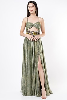 Green Printed Ruched Dress With Belt by Nirmooha-NIRMOOHA
