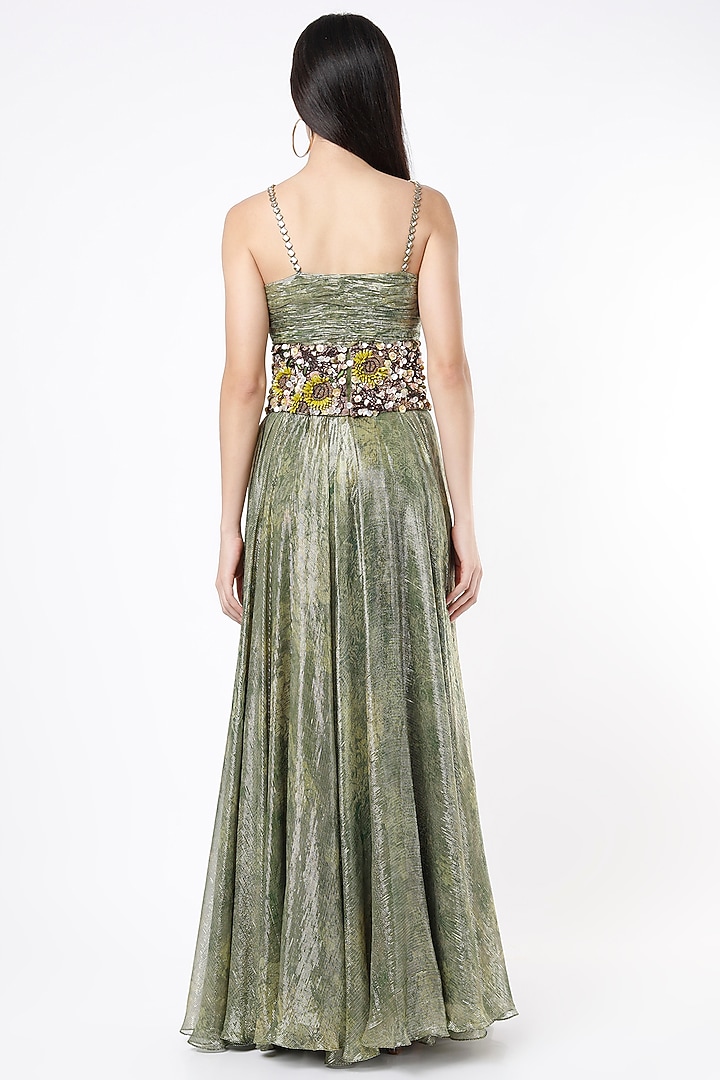 Green Printed Ruched Cocktail Dress With Belt by Nirmooha at Pernia's Pop Up Shop