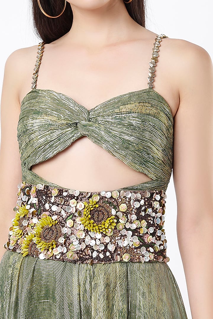 Green Printed Ruched Cocktail Dress With Belt by Nirmooha at Pernia's Pop Up Shop