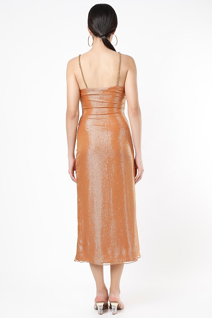 Tan Lurex Draped Vacation Dress by Nirmooha at Pernia's Pop Up Shop