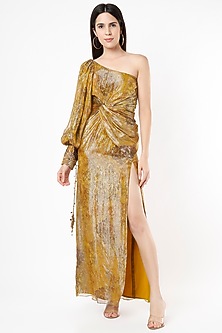 Yellow Lurex Printed One-Shoulder Dress by Nirmooha-NIRMOOHA
