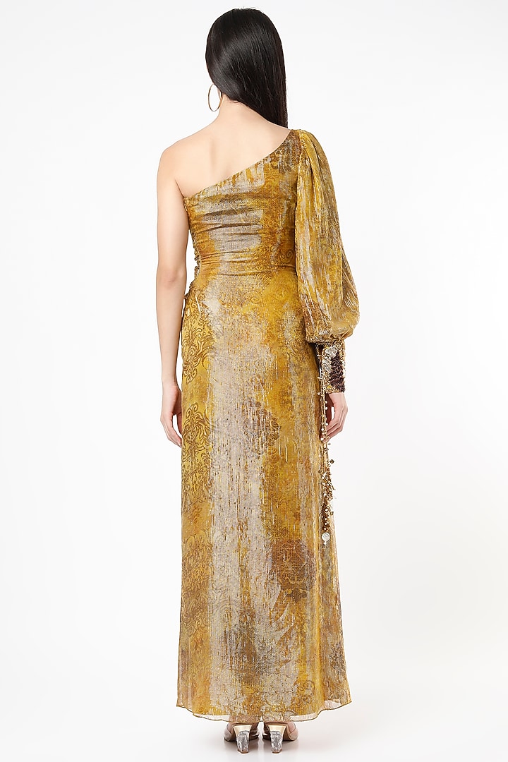 Yellow Lurex Printed One-Shoulder Vacation Dress by Nirmooha at Pernia's Pop Up Shop