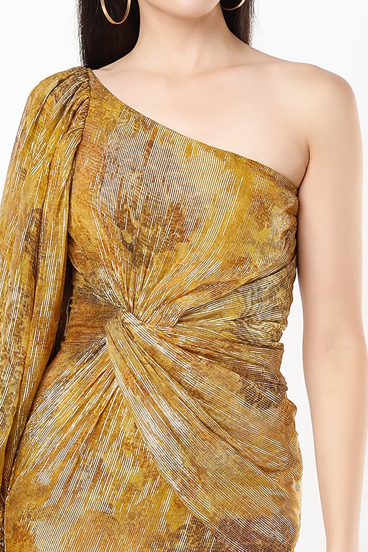 Yellow Lurex Printed One-Shoulder Vacation Dress by Nirmooha at Pernia's Pop Up Shop