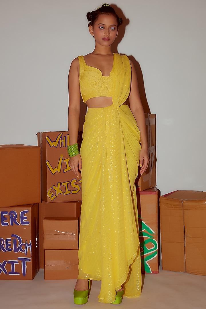 Yellow Lurex Pre-Draped Saree Set by Nirmooha