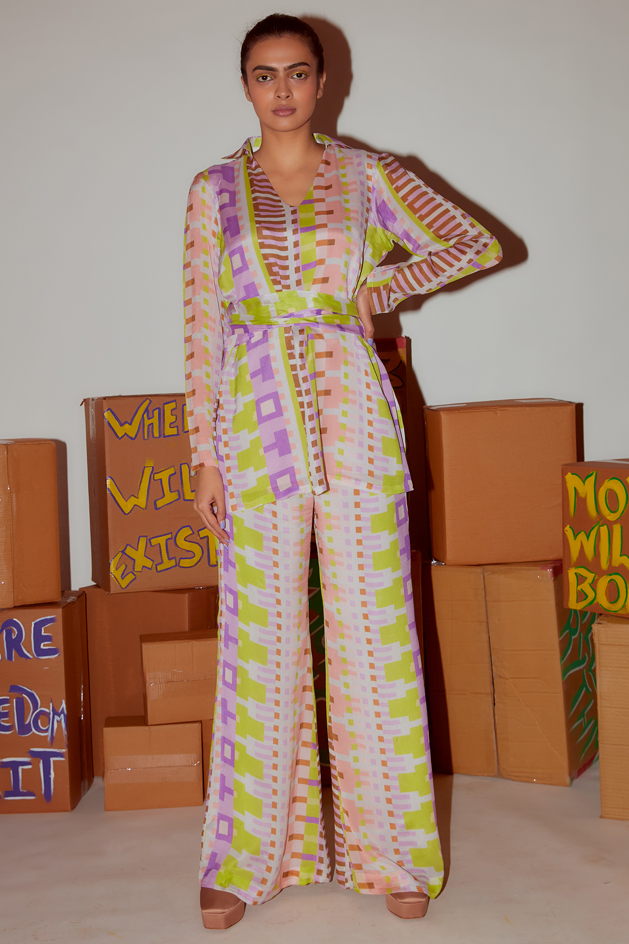 Lilac Chiffon Geometric Printed Co-Ord Set by Nirmooha at Pernia's Pop Up Shop