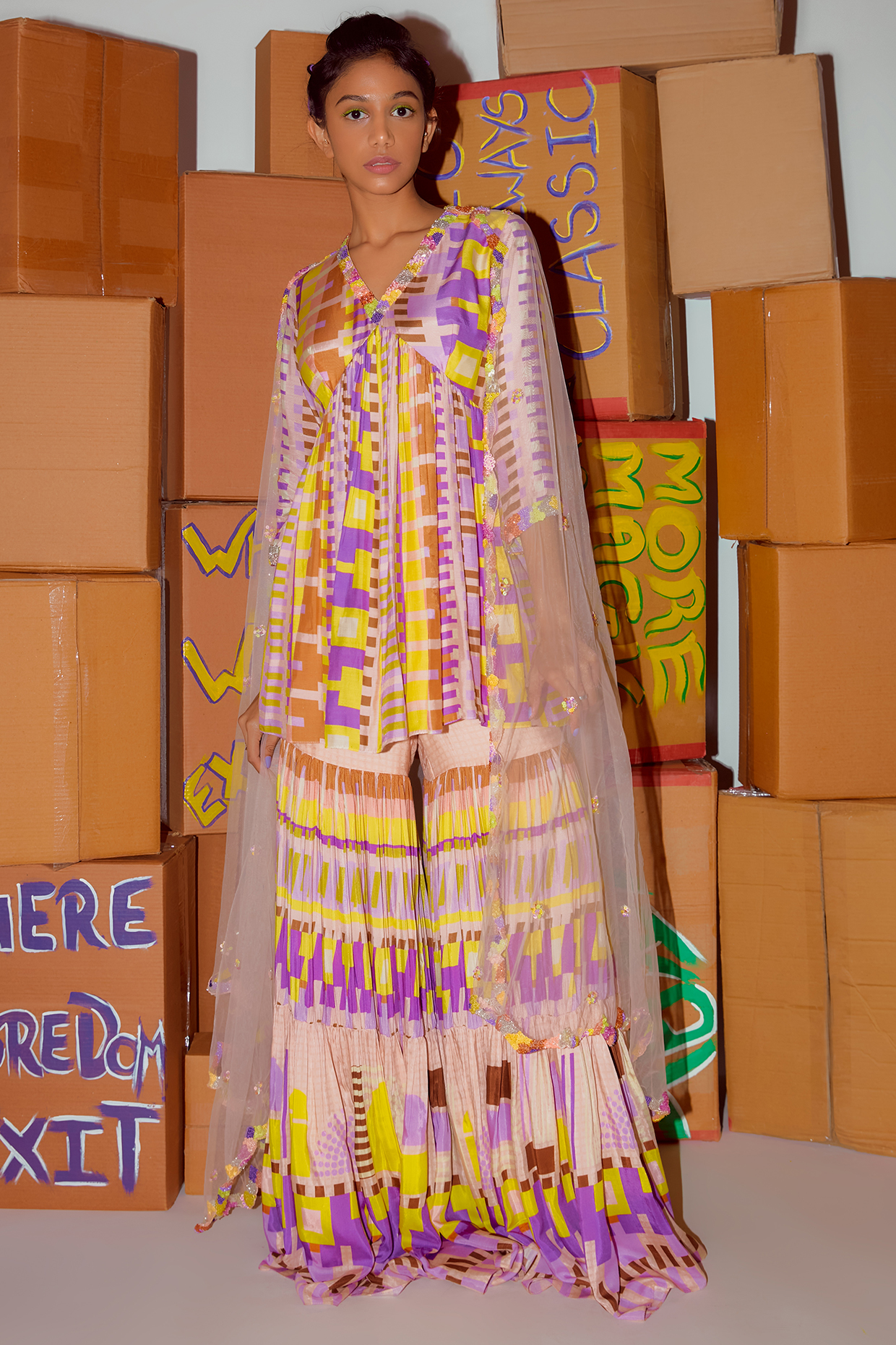 Yellow Mul & Net Printed Wedding Sharara Set by Nirmooha at Pernia's Pop Up Shop