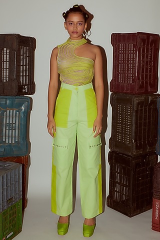 Lime Green Denim Cargo Pants by Nirmooha