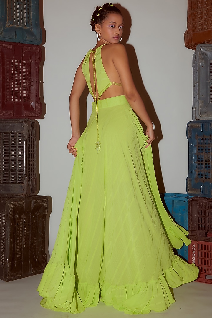 Lime Green Georgette Ruffled Cocktail Dress by Nirmooha at Pernia's Pop Up Shop