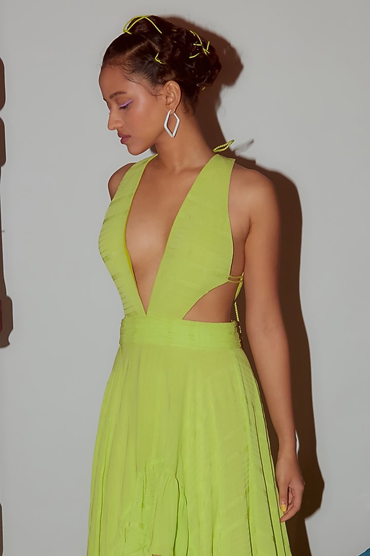 Lime Green Georgette Ruffled Dress Design by Nirmooha at Pernia's Pop Up Shop 2026 Lime Green Georgette Ruffled Dress Design by Nirmooha at Pernia's Pop Up Shop 2026