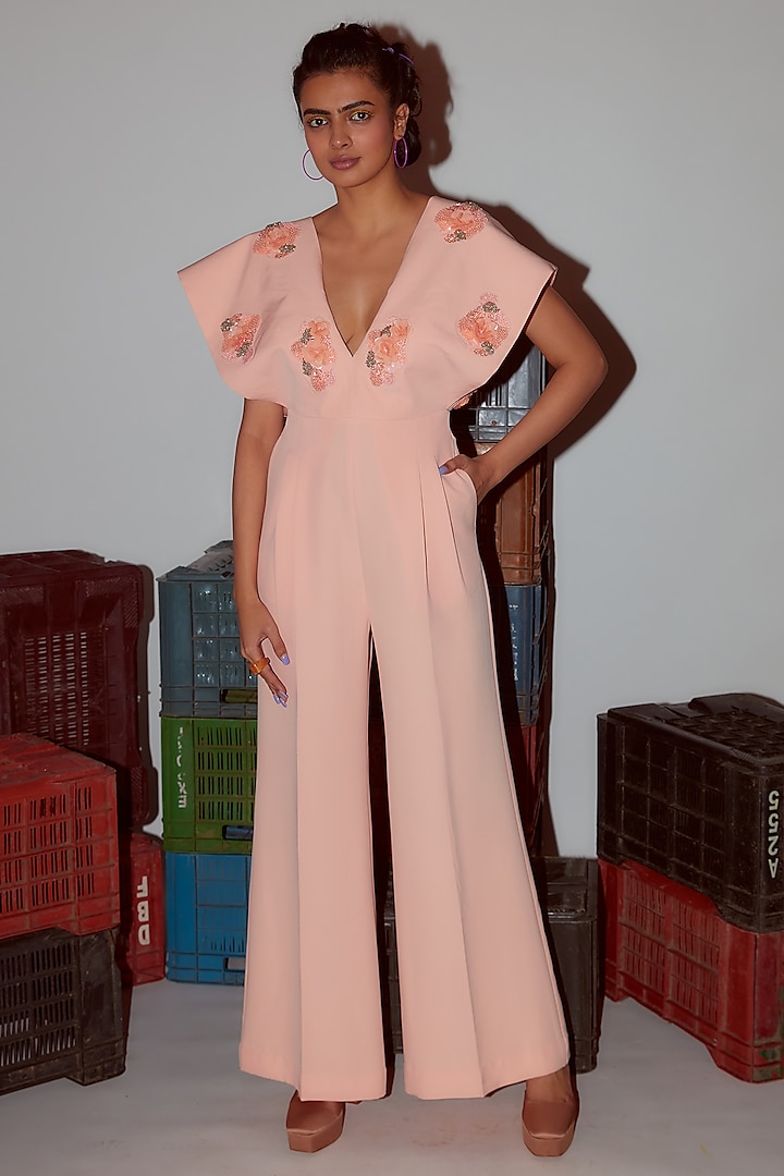 Peach Micro Hand Embroidered Jumpsuit by Nirmooha
