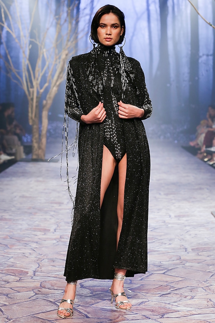 Black Shimmer Hand Embroidered Cape by Nirmooha